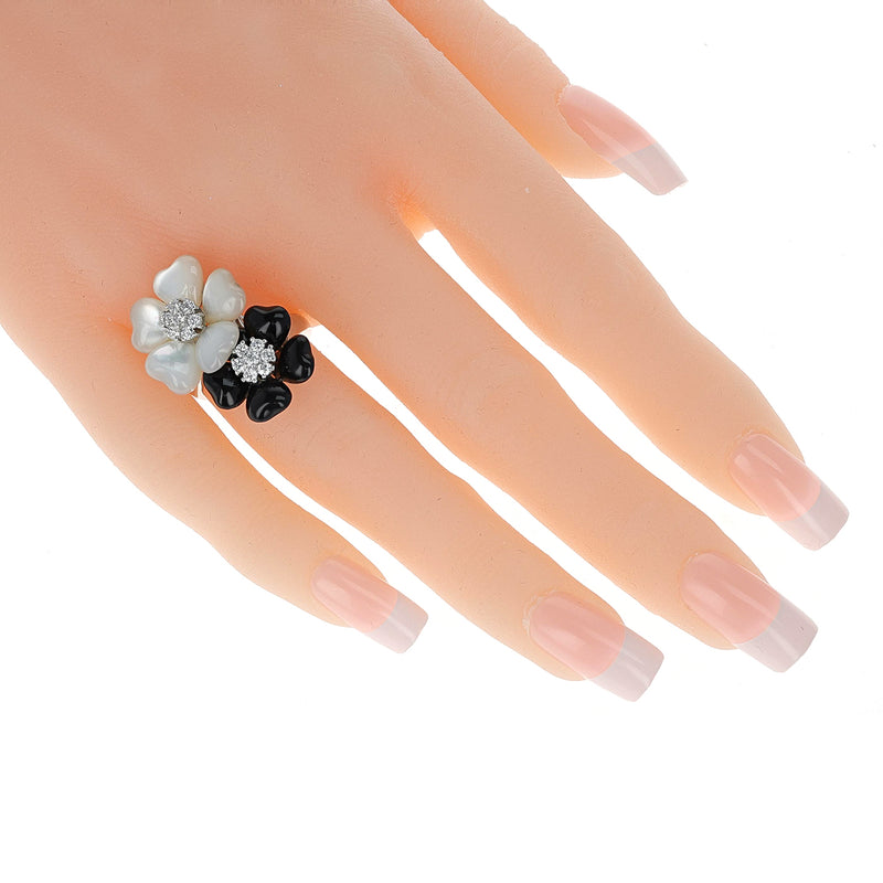 Mother of Pearl and Black Onyx Double Floral Ring with 0.40 cts. Diamonds, 18K