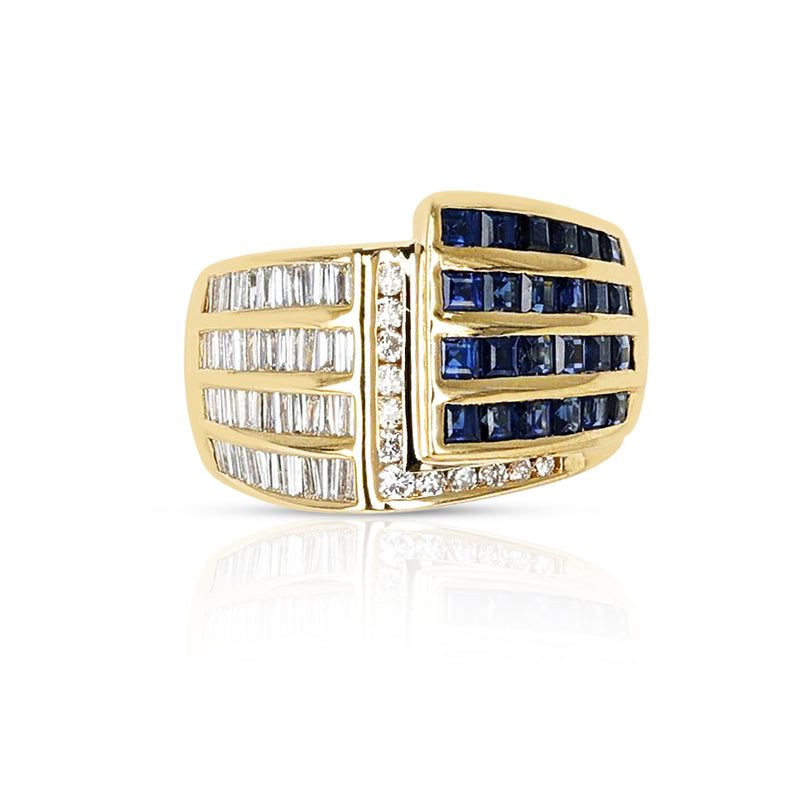 Baguette and Round Diamonds with Square-Cut Sapphire Cocktail Ring, 18K