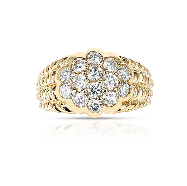 Diamond Floral Ring with Textured Gold Design, 18K