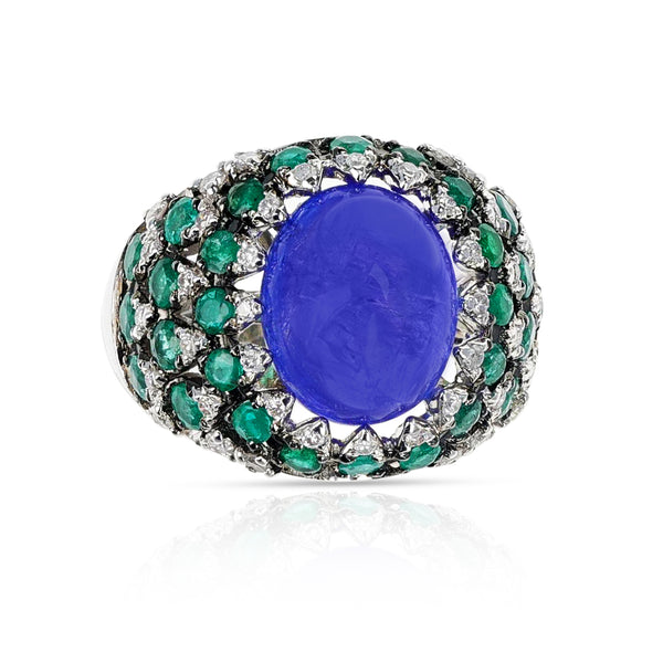 Tanzanite Cabochon Bombé Ring with Emerald, French Marks, 18K Gold