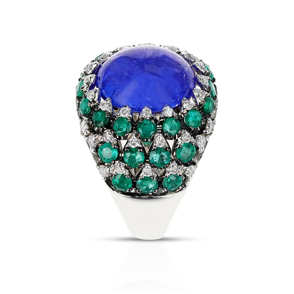 Tanzanite Cabochon Bombé Ring with Emerald, French Marks, 18K Gold