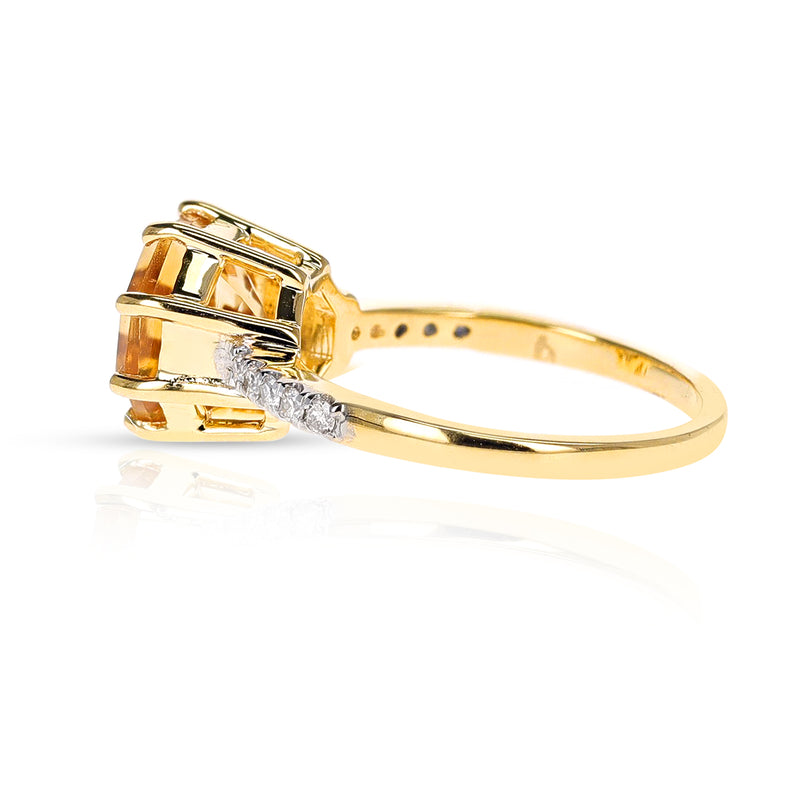 Octagonal Shape Citrine with Diamonds Ring, 18K Yellow Gold