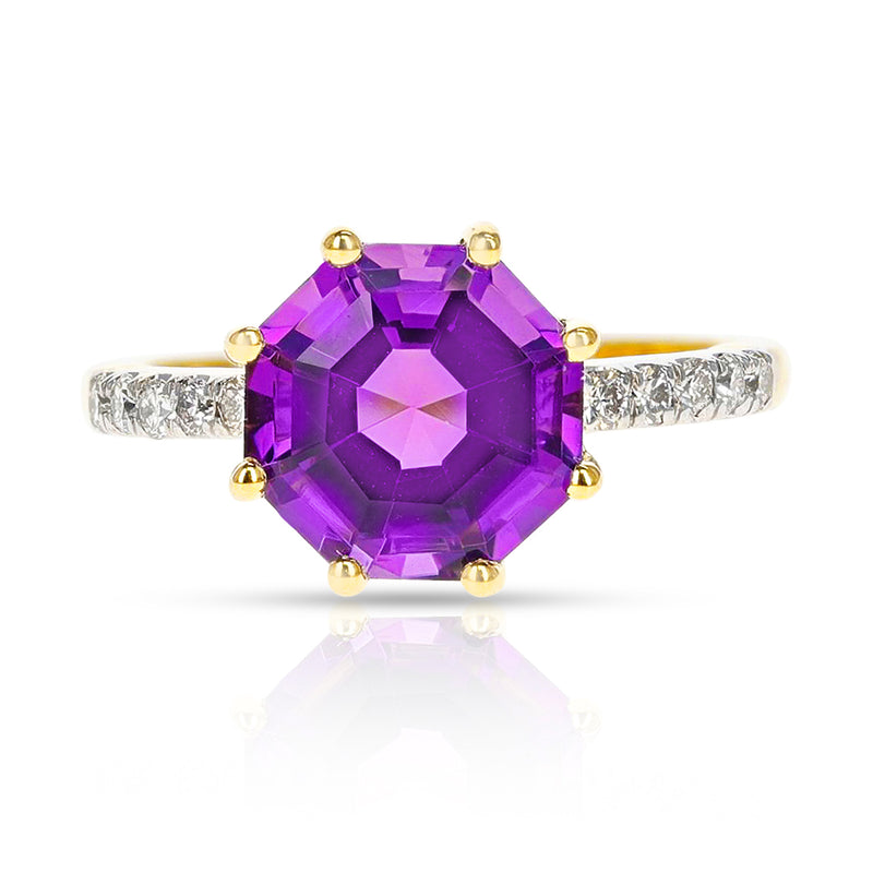 Octagonal Shape Amethyst with Diamonds Ring, 18K Yellow Gold