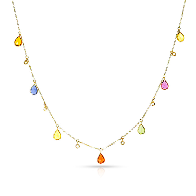 Pear Shape Multi-Sapphire and Diamond Rose Cut Drops Necklace, 18K