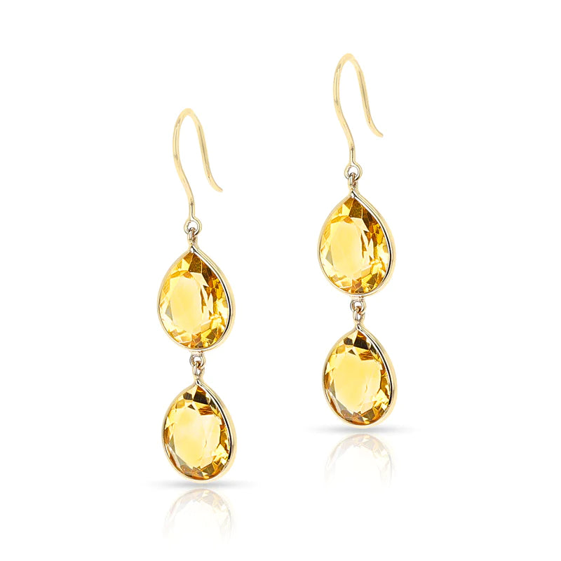 Citrine Round and Pear Shape Dangling Earrings made in 18 Karat Yellow Gold.