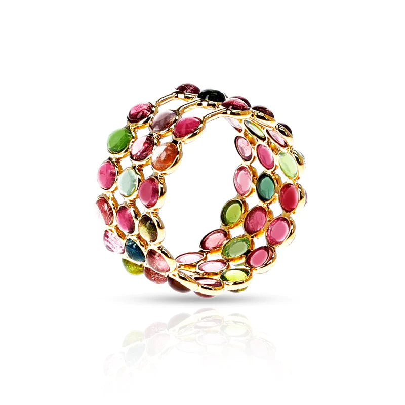 Round Cabochon Gemstone Triple Line Band, Yellow Gold