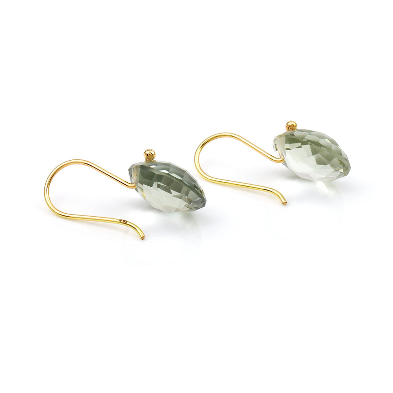 Green Amethyst Round Shape Dangling Earrings made in 18 Karat Yellow Gold.