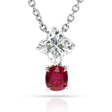 GIA Clover Shape Diamond and Oval Ruby Pendant Necklace, Platinum