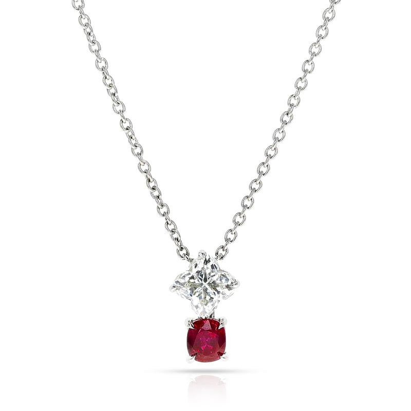 GIA Clover Shape Diamond and Oval Ruby Pendant Necklace, Platinum