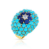 Retro Turquoise and Sapphire Cabochon Ring with Diamonds, 18k