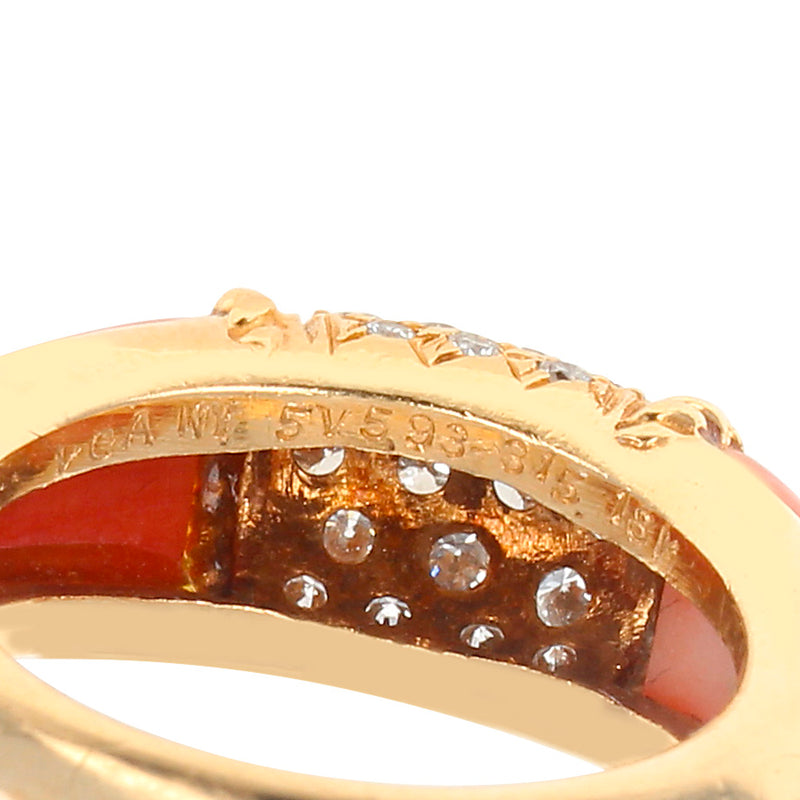 Van Cleef & Arpels Coral and 7 Row Diamond Stacking Philippine Ring, 18K Yellow