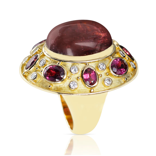 Pink Tourmaline Cabochon Cocktail Ring with Diamonds by Elizabeth Gage